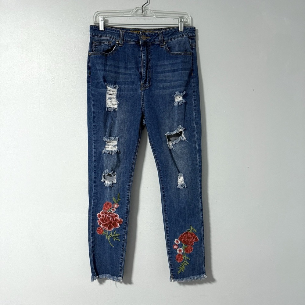 VIP Jeans Girl's Skinny Distressed‎ Embroidered Medium Wash Size 12 High Rise